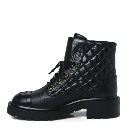 Chanel Shiny Calfskin Quilted Lace Up Combat Boots 37 Black 1 of 11
