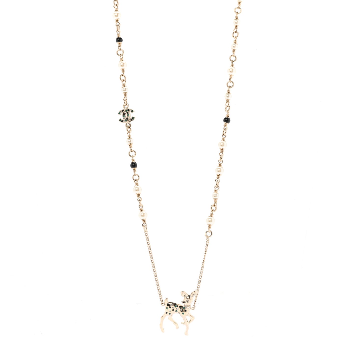 Pearl Crystal CC Deer Long Necklace Gold Green