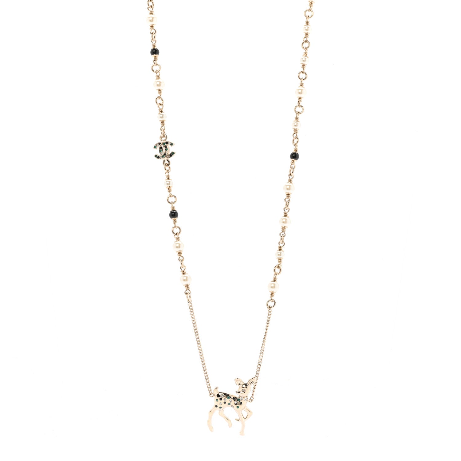 Chanel Pearl Crystal CC Deer Long Necklace Gold Green 1 of 6