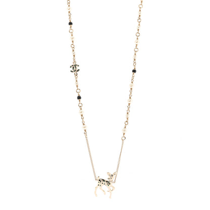Chanel Pearl Crystal CC Deer Long Necklace Gold Green 1 of 6