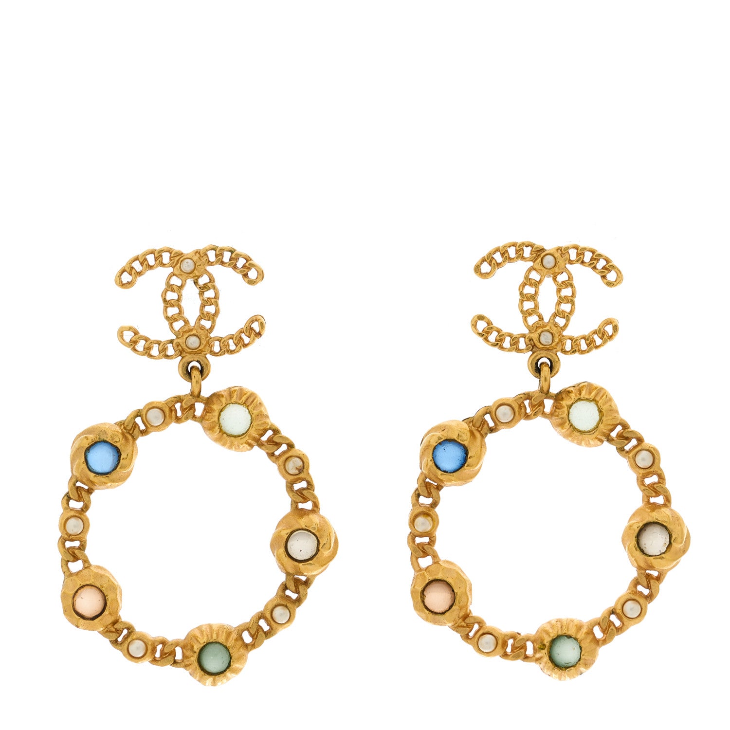 Chanel Pearl Gripoix CC Chain Drop Hoop Earrings Gold 1 of 5