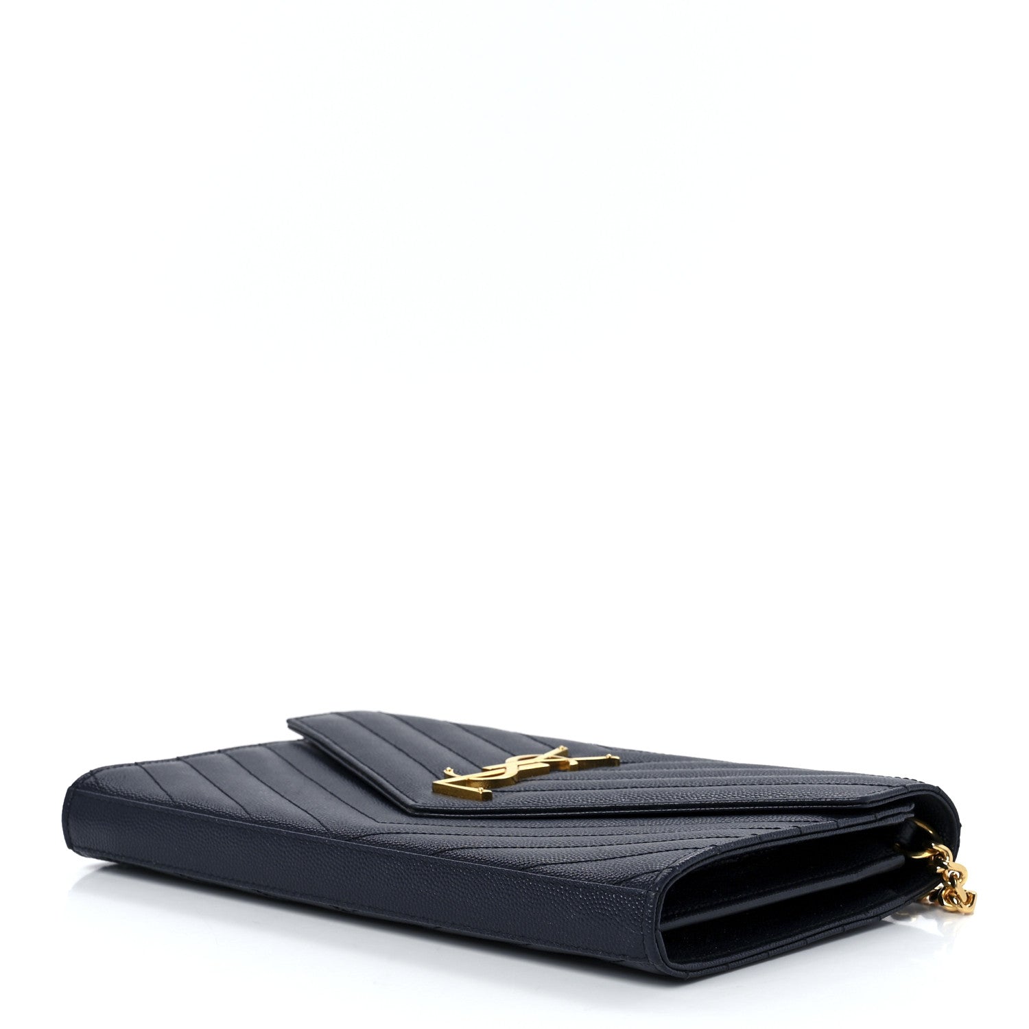 Saint Laurent Grain De Poudre Matelasse Chevron Monogram Chain Wallet Deep Marine 9 of 11