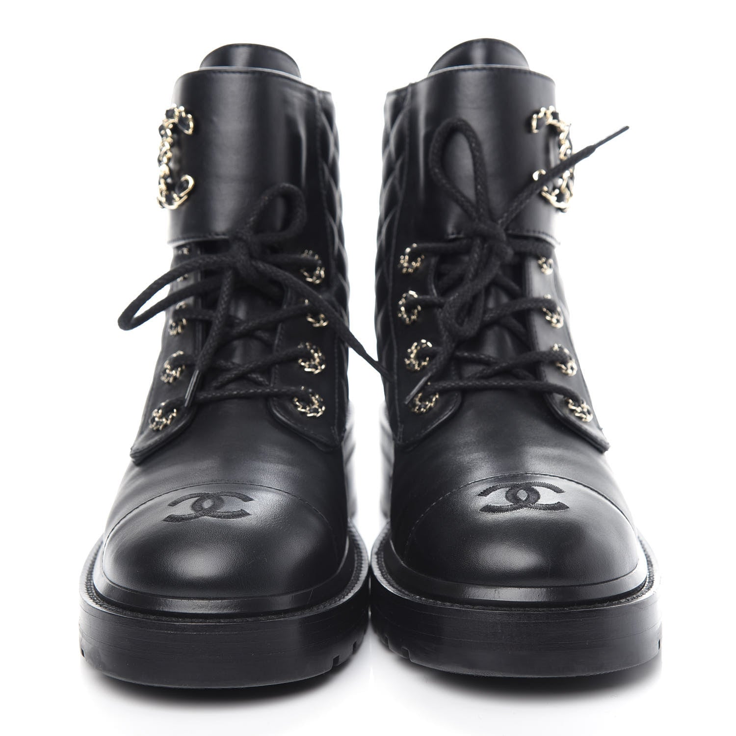 Chanel Lambskin Calfskin Quilted Lace Up Combat Boots 40 Black 5 of 13