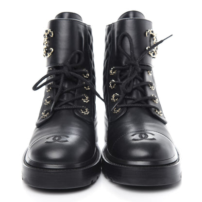 Chanel Lambskin Calfskin Quilted Lace Up Combat Boots 40 Black 5 of 13