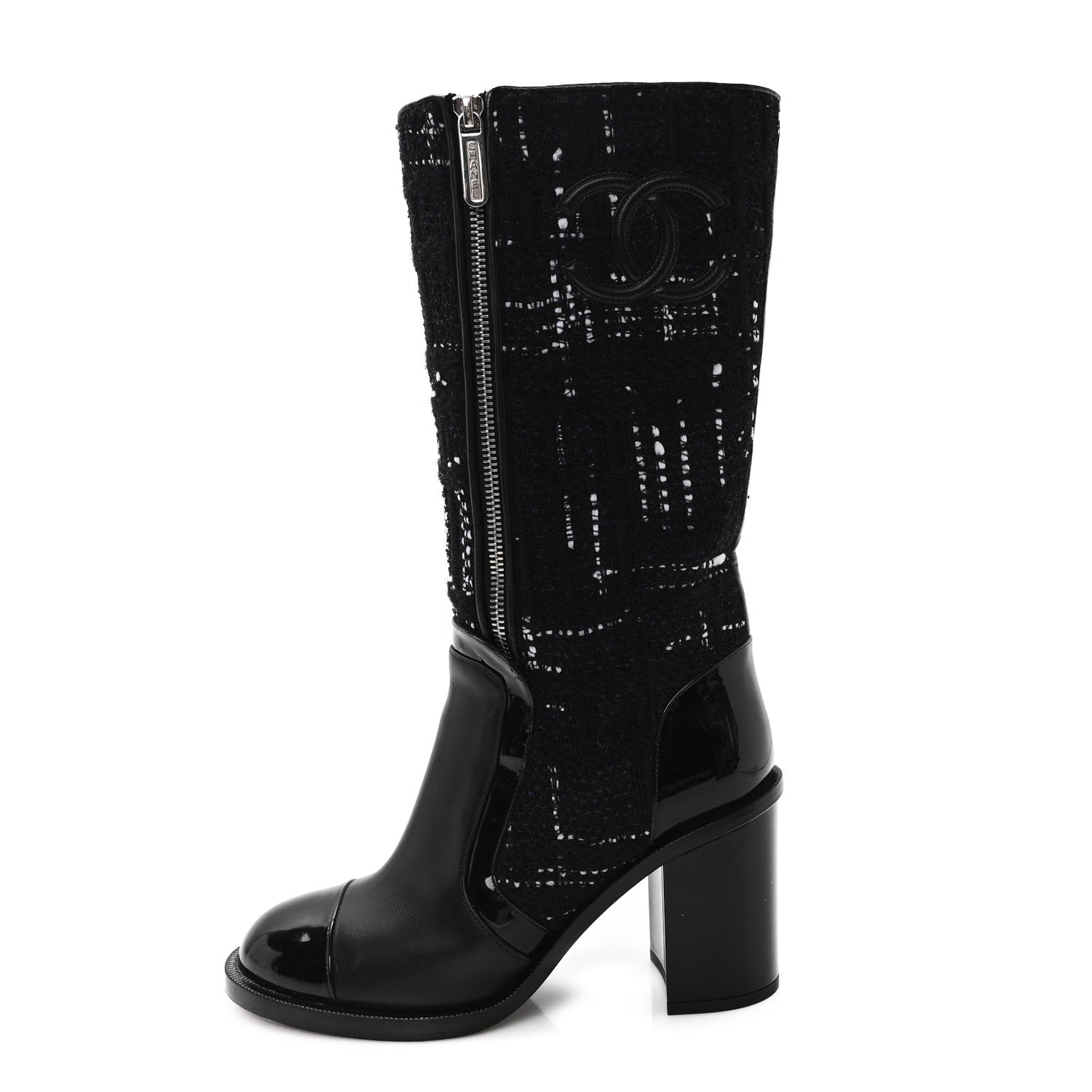 Chanel Tweed Calfskin Patent Cap Toe CC High Boots 39 Black Navy White 1 of 11