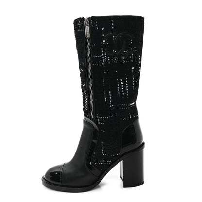 Chanel Tweed Calfskin Patent Cap Toe CC High Boots 39 Black Navy White 1 of 11