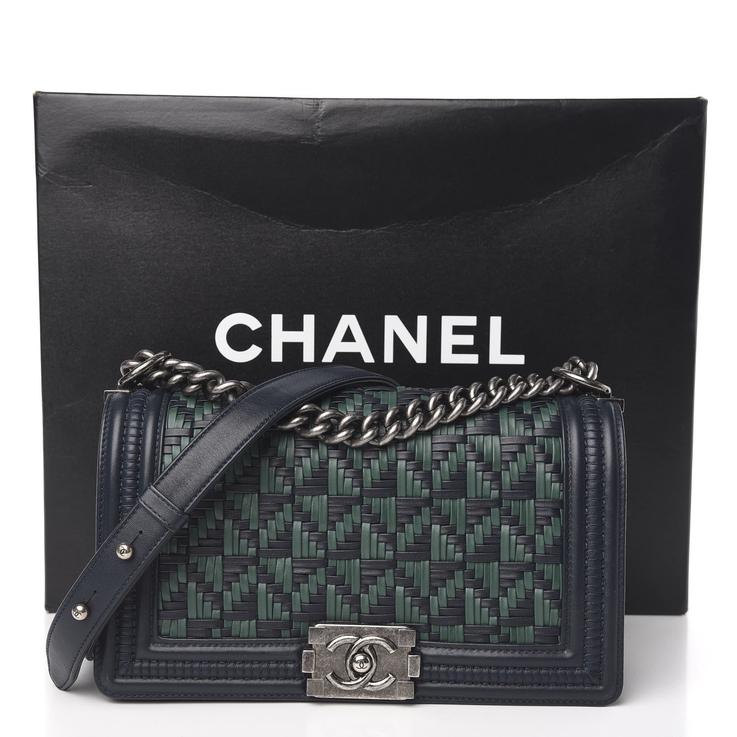 Chanel Calfskin Woven Medium Boy Flap Navy Green 11 of 11