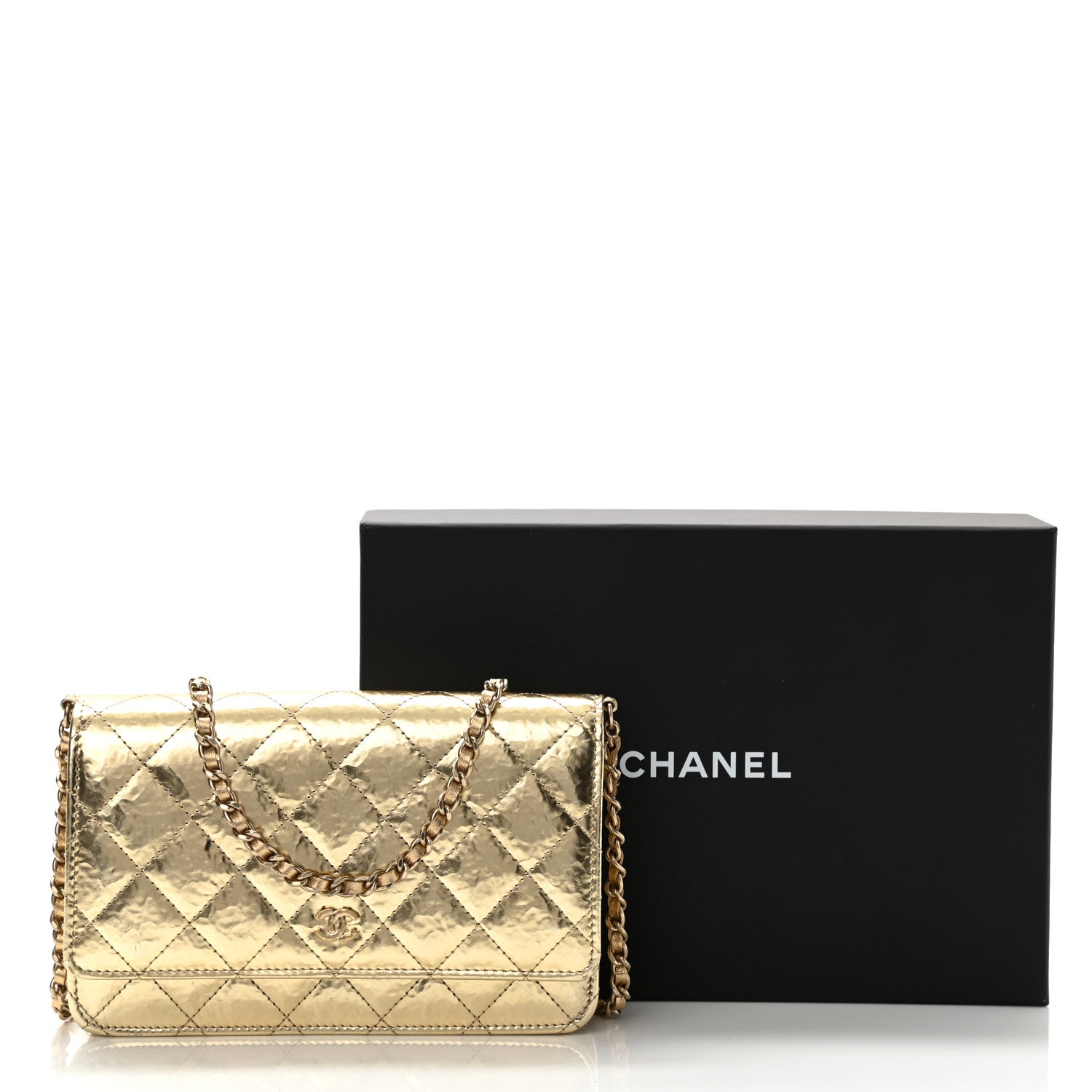 Chanel Hammered Metallic Calfskin Quilted Wallet On Chain WOC Gold 13 of 13