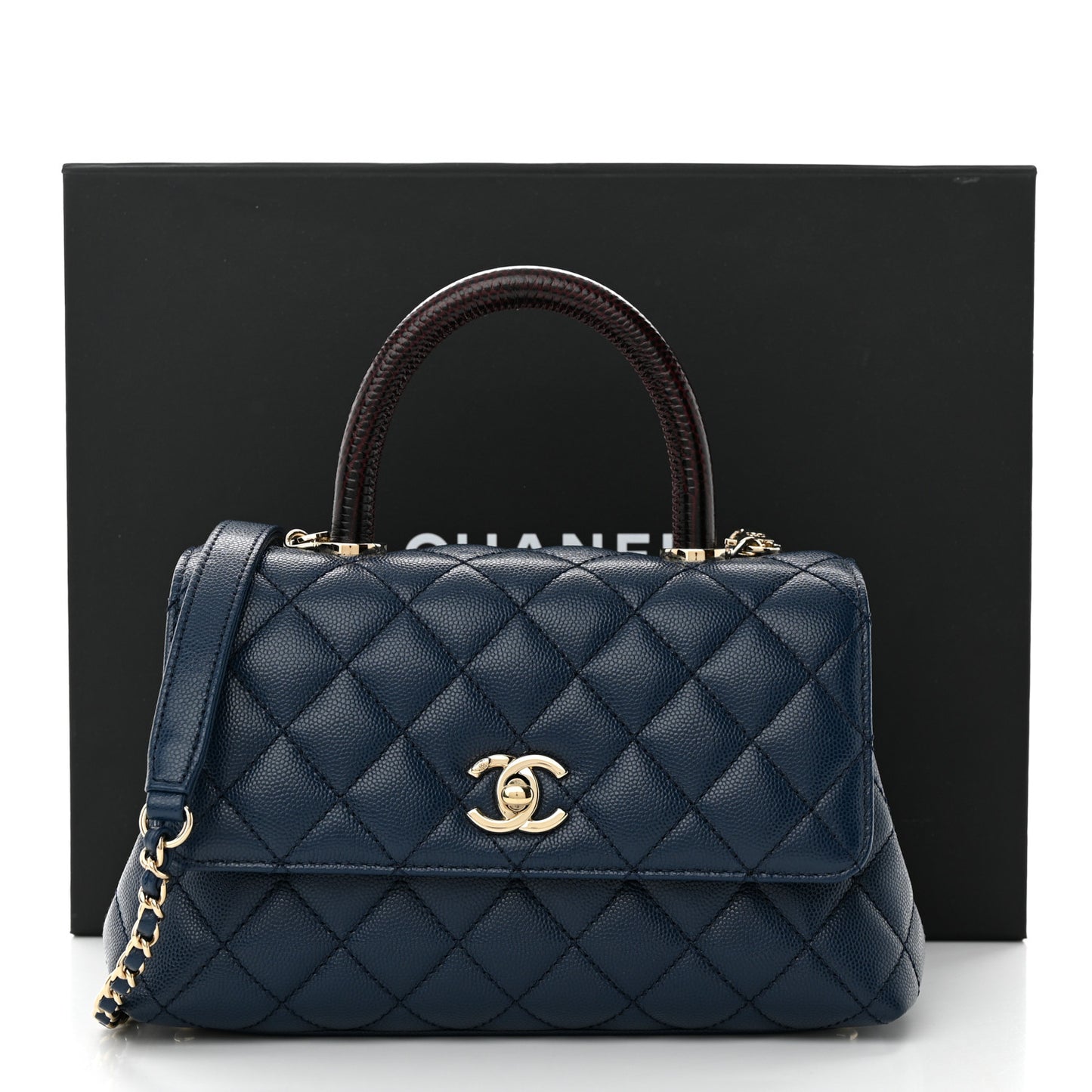 Caviar Quilted Lizard Embossed Mini Coco Handle Flap Navy Blue