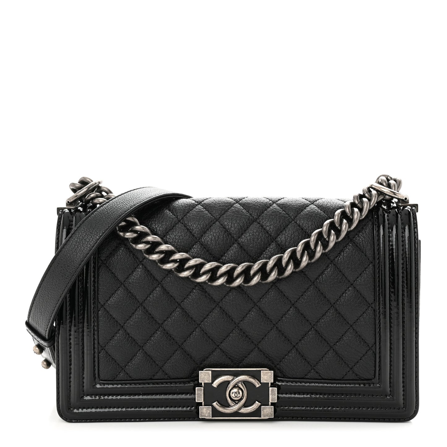 Goatskin Quilted Patent Medium Duo Boy Flap Black