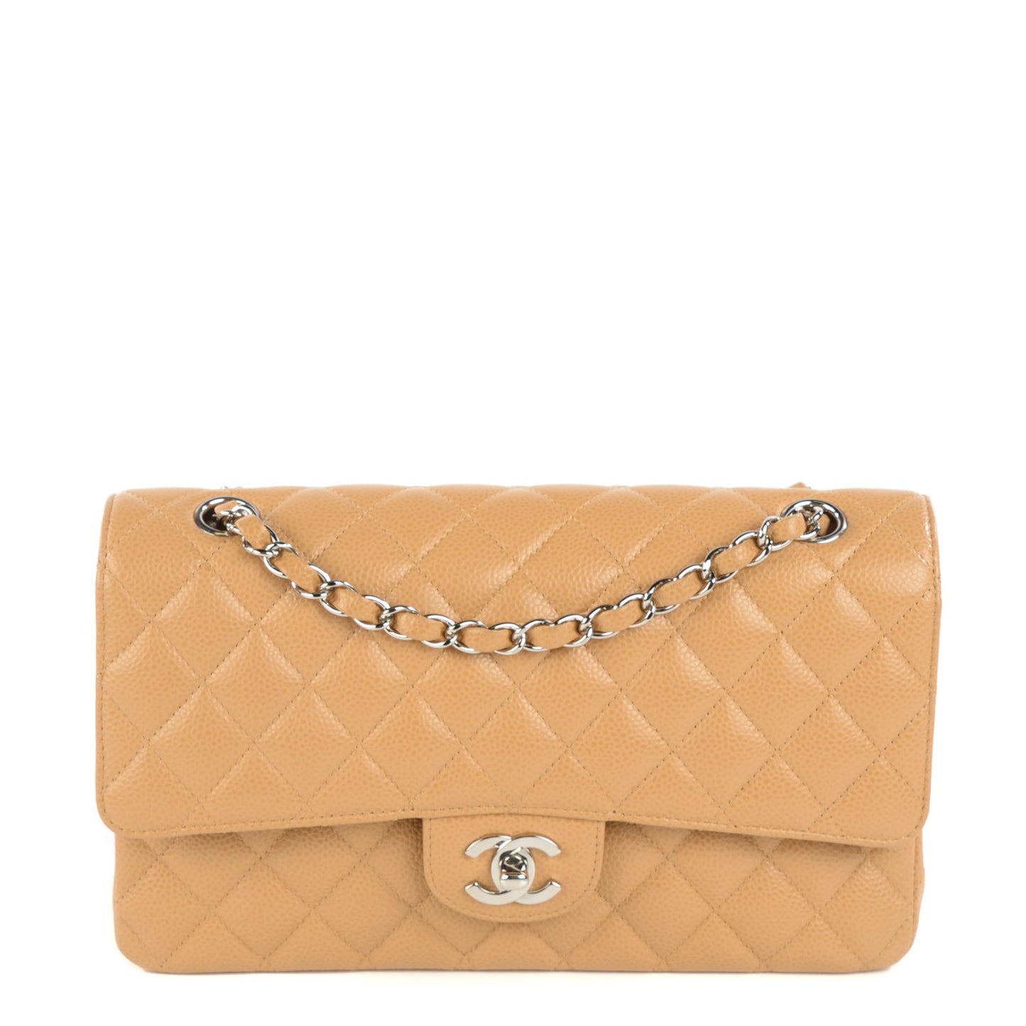 Caviar Quilted Medium Double Flap Beige