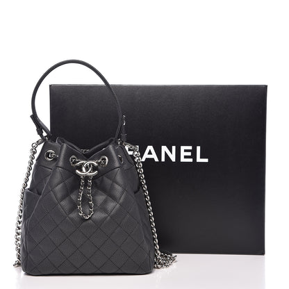 Chanel Caviar Flat Quilted CC Chain Bucket Drawstring Bag Black 10 of 10