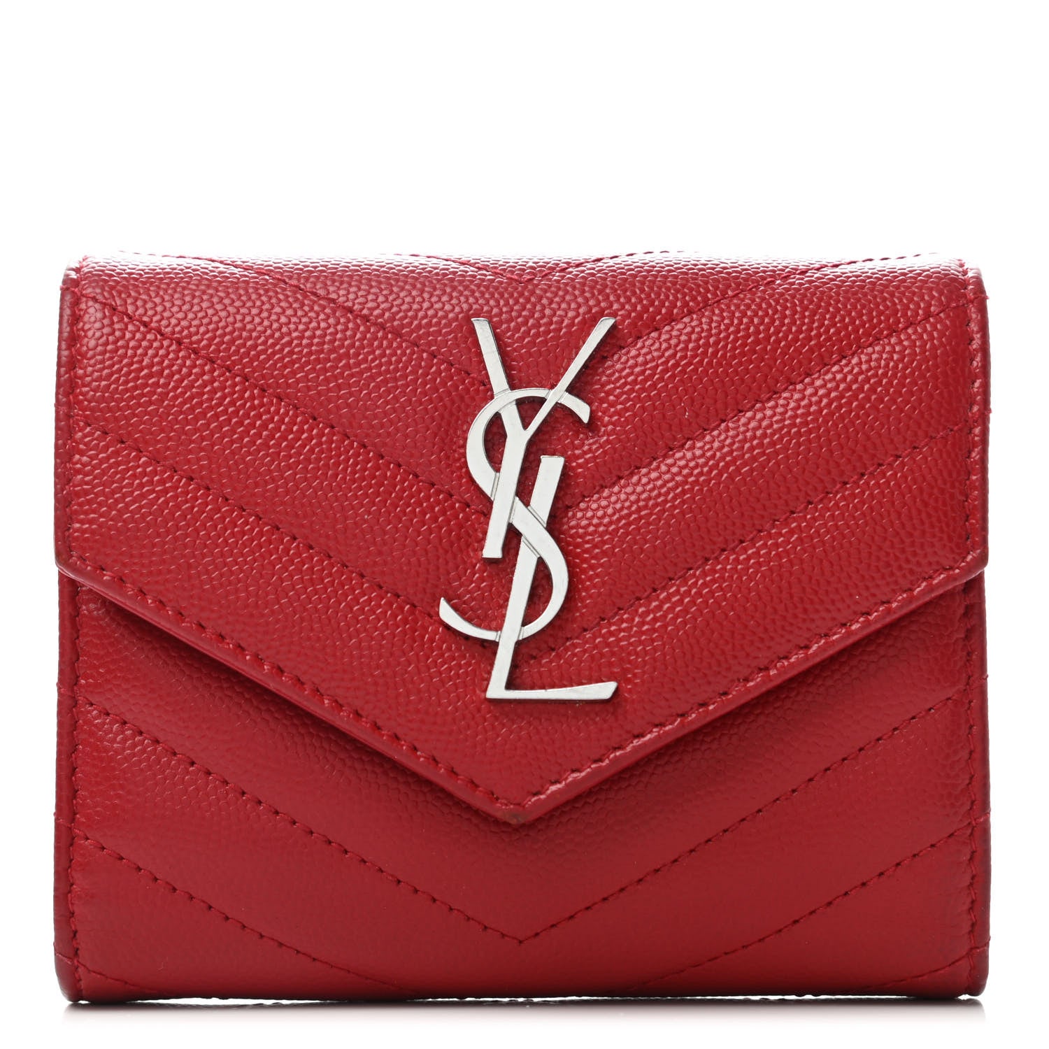 Saint Laurent Grain De Poudre Matelasse Chevron Monogram Compact Tri Fold Wallet Red 1 of 6