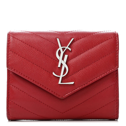 Saint Laurent Grain De Poudre Matelasse Chevron Monogram Compact Tri Fold Wallet Red 1 of 6