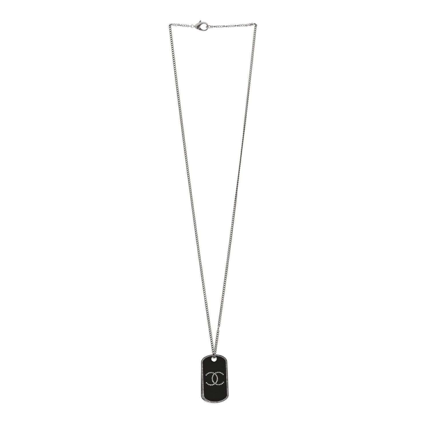 Chanel Metal Crystal Ruthenium Dog Tag Charm Necklace Black 3 of 6