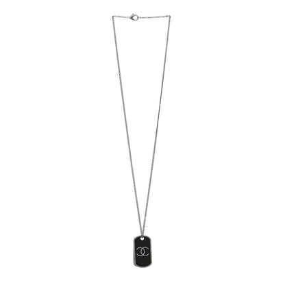 Chanel Metal Crystal Ruthenium Dog Tag Charm Necklace Black 3 of 6