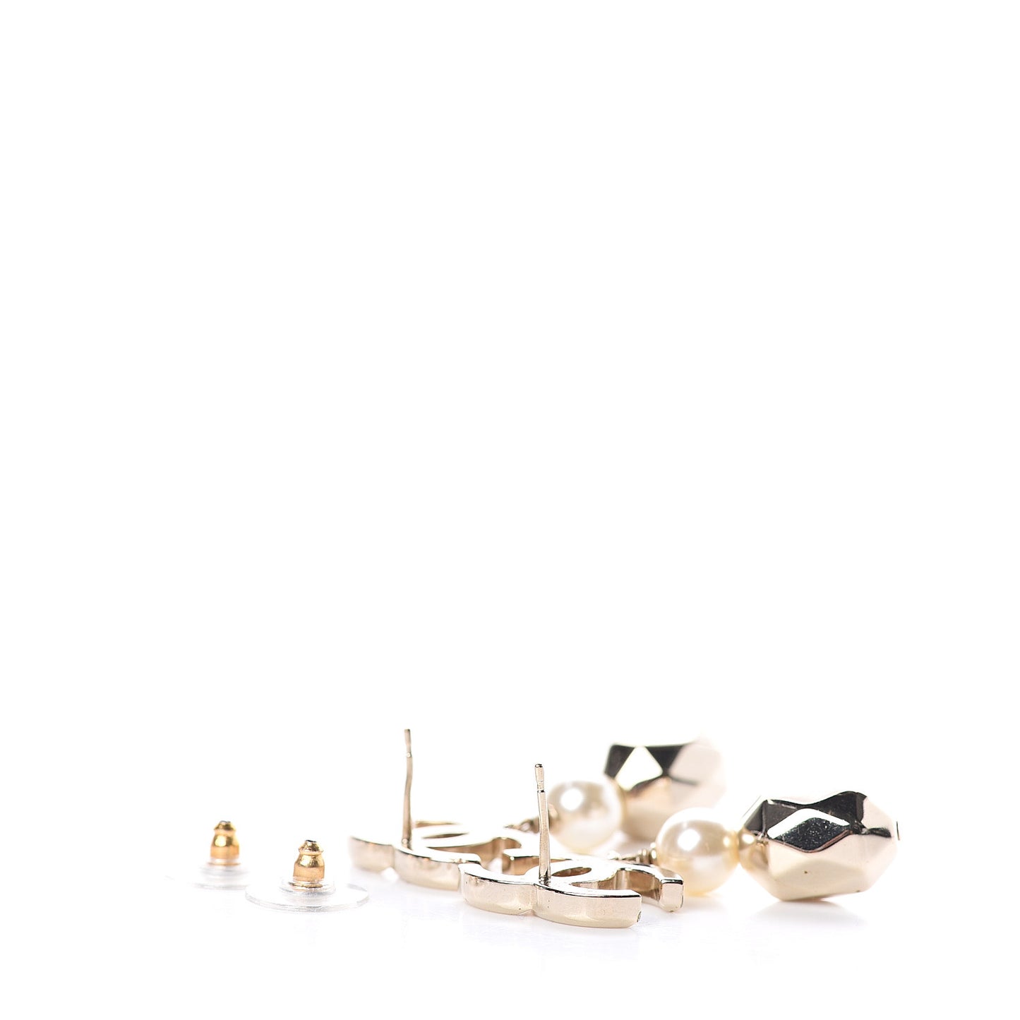 Metal Bead Pearl CC Drop Earrings Golden Pearly White