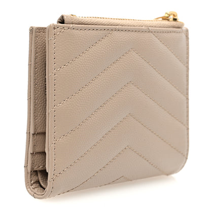 Saint Laurent Grain De Poudre Matelasse Chevron Monogram Zipped Card Case Dark Beige 3 of 7