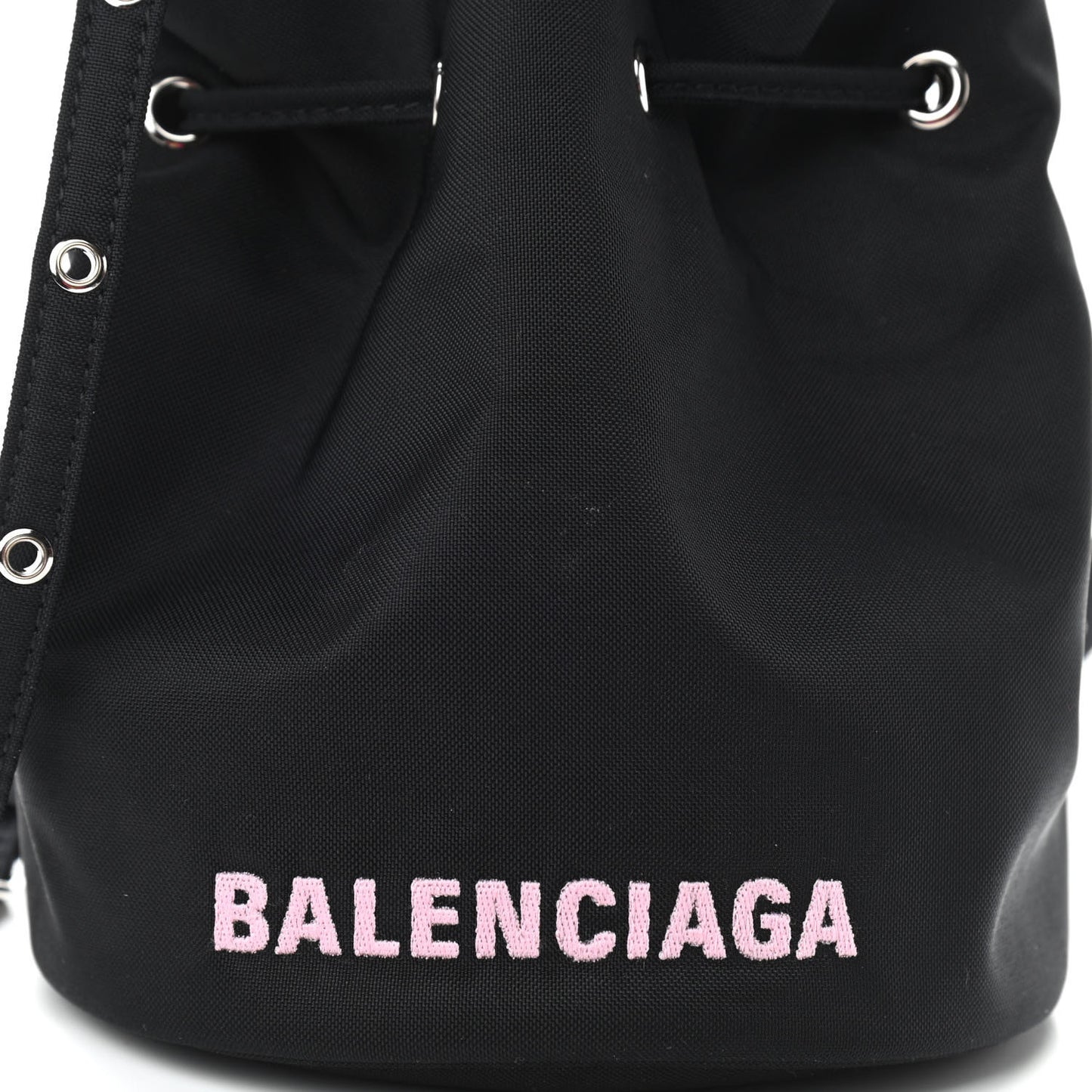 Recycled Sport Nylon Logo Embroidered Wheel Drawstring Bucket Bag Black Pink