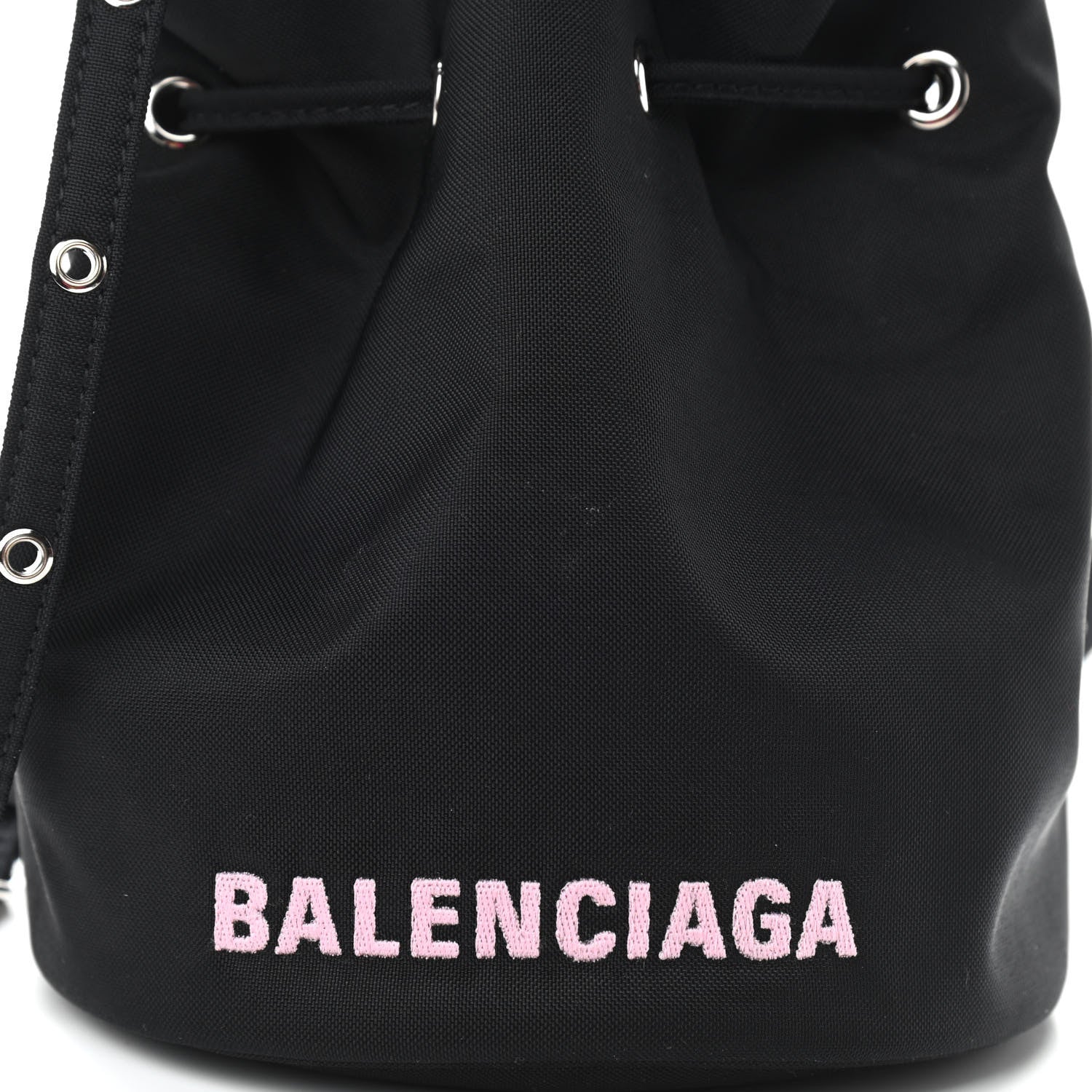 Balenciaga Recycled Sport Nylon Logo Embroidered Wheel Drawstring Bucket Bag Black Pink 7 of 9