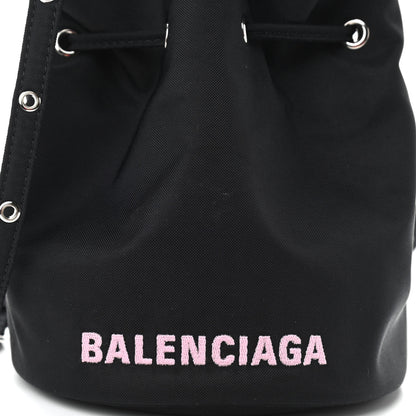 Balenciaga Recycled Sport Nylon Logo Embroidered Wheel Drawstring Bucket Bag Black Pink 7 of 9