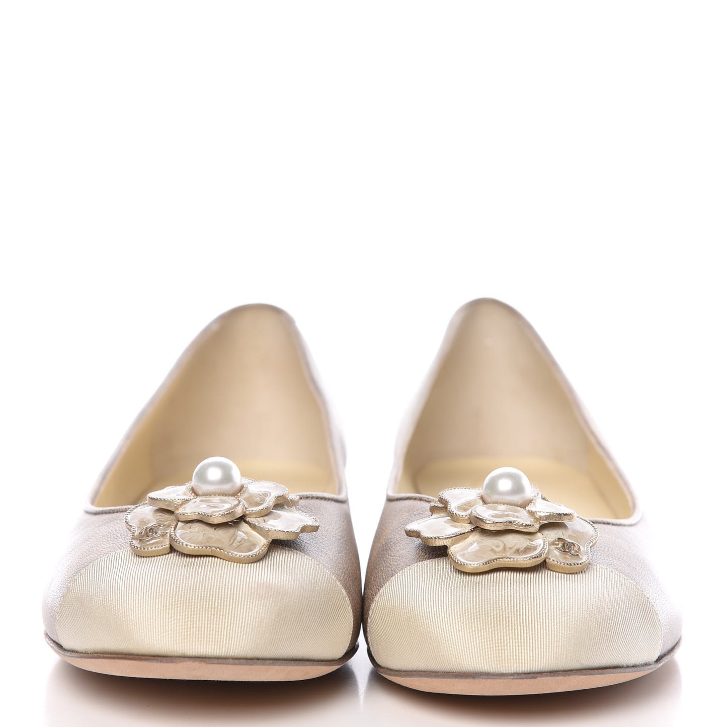 Metallic Lambskin Grosgrain Camellia Cap Toe Ballerina Flats 39.5 Beige