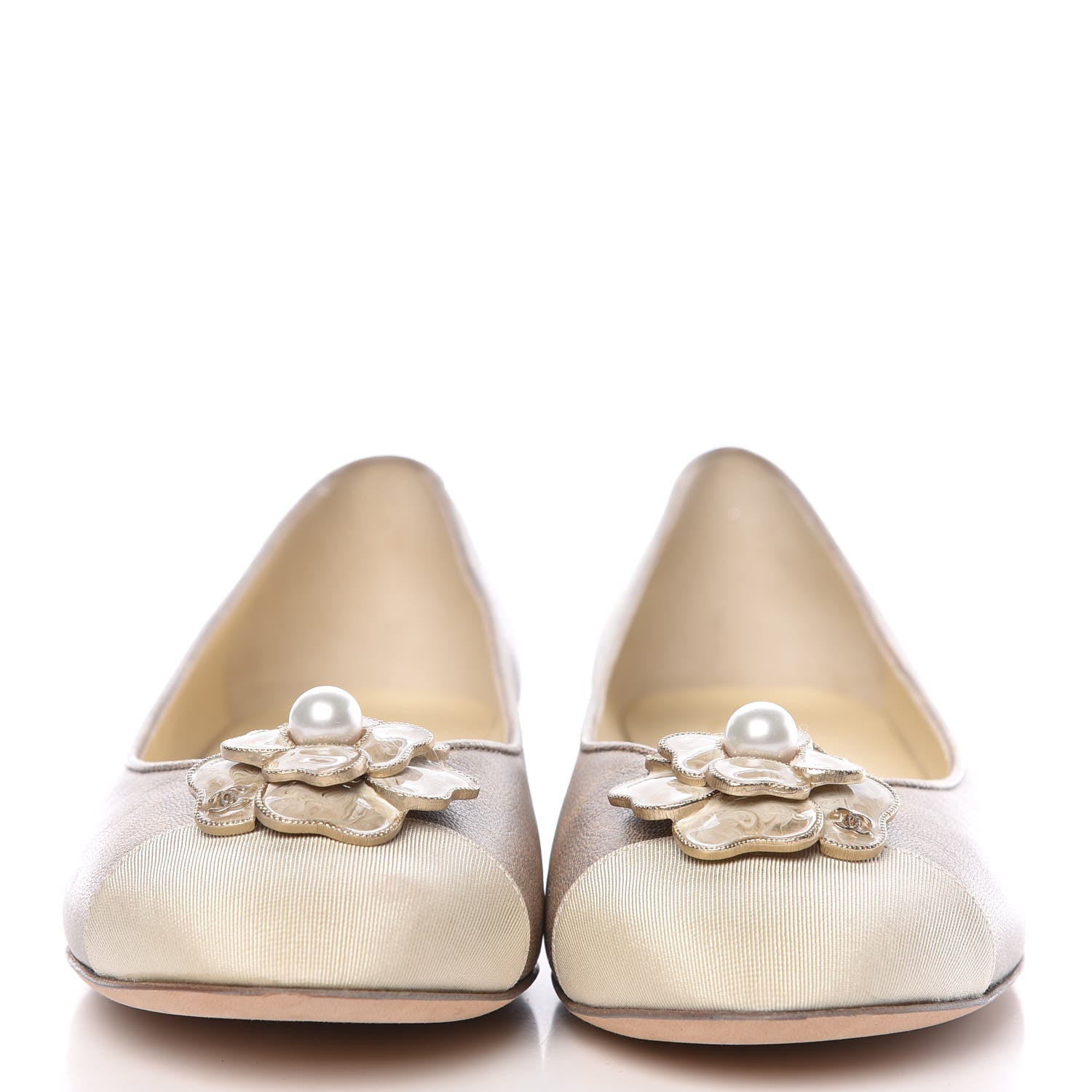 Chanel Metallic Lambskin Grosgrain Camellia Cap Toe Ballerina Flats 39.5 Beige 2 of 10