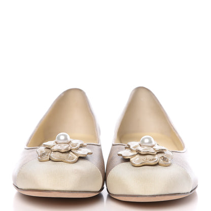 Chanel Metallic Lambskin Grosgrain Camellia Cap Toe Ballerina Flats 39.5 Beige 2 of 10