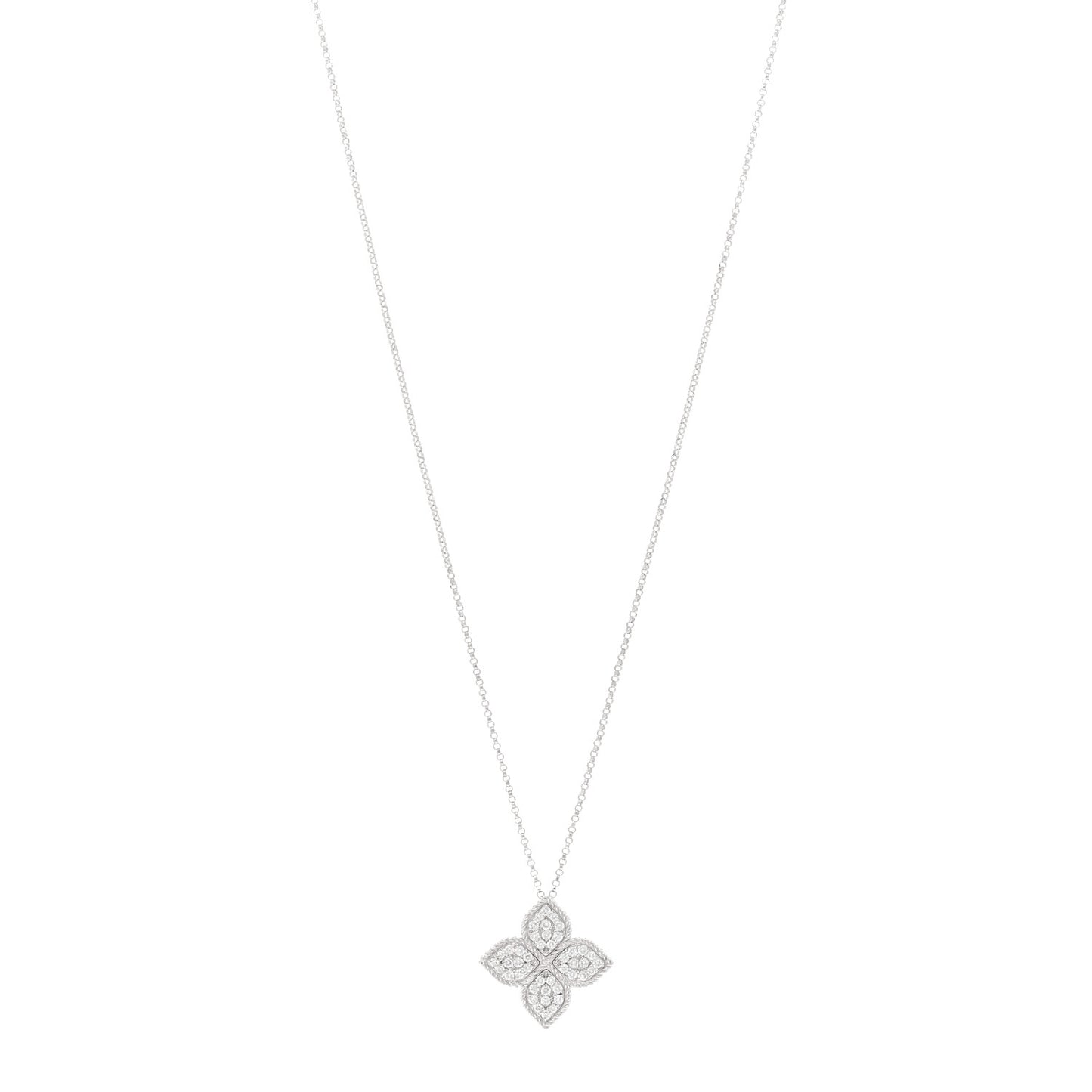 18K White Gold Diamond Large Venetian Princess Flower Pendant Necklace