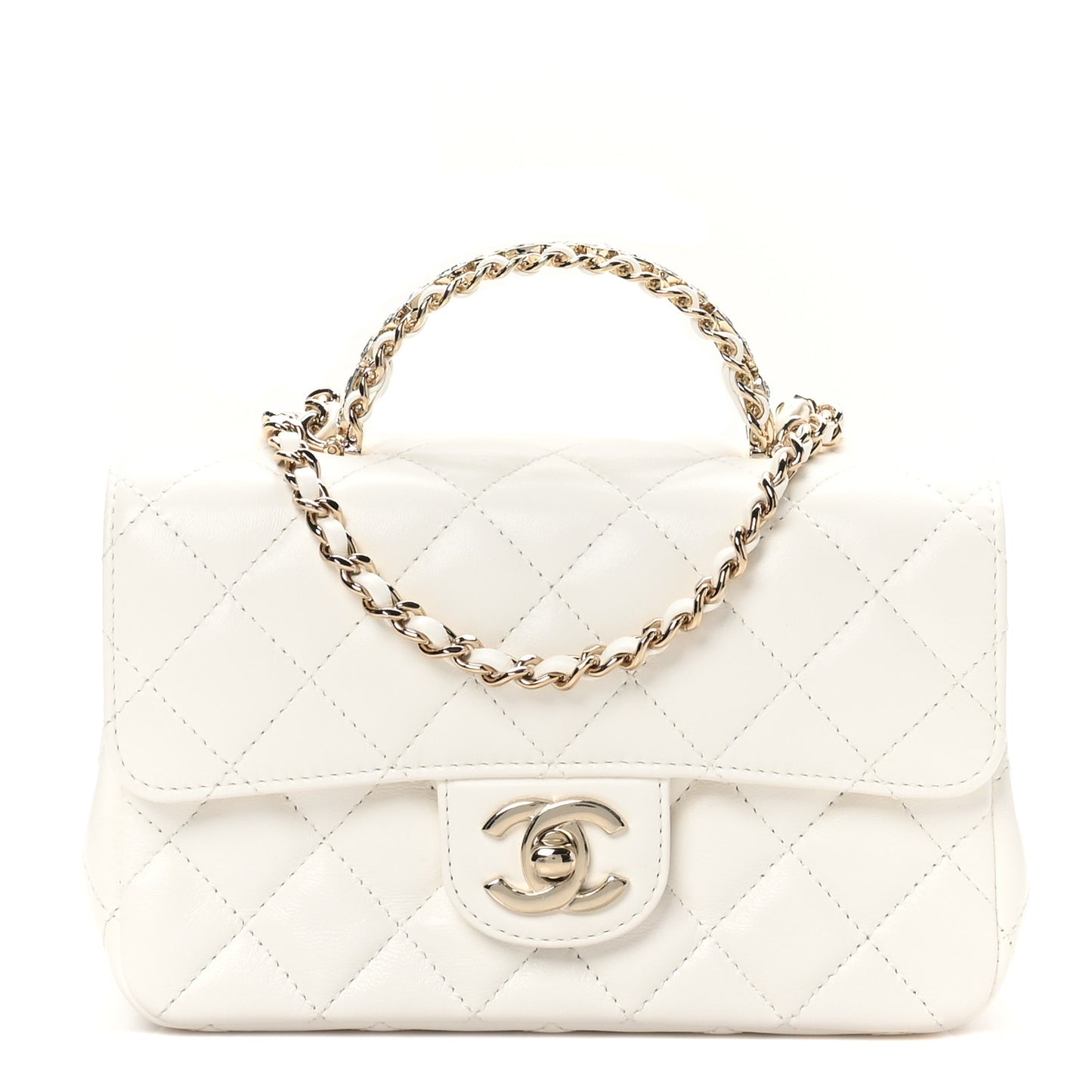 Lambskin Quilted Mini Crystal Top Handle Rectangular Flap White