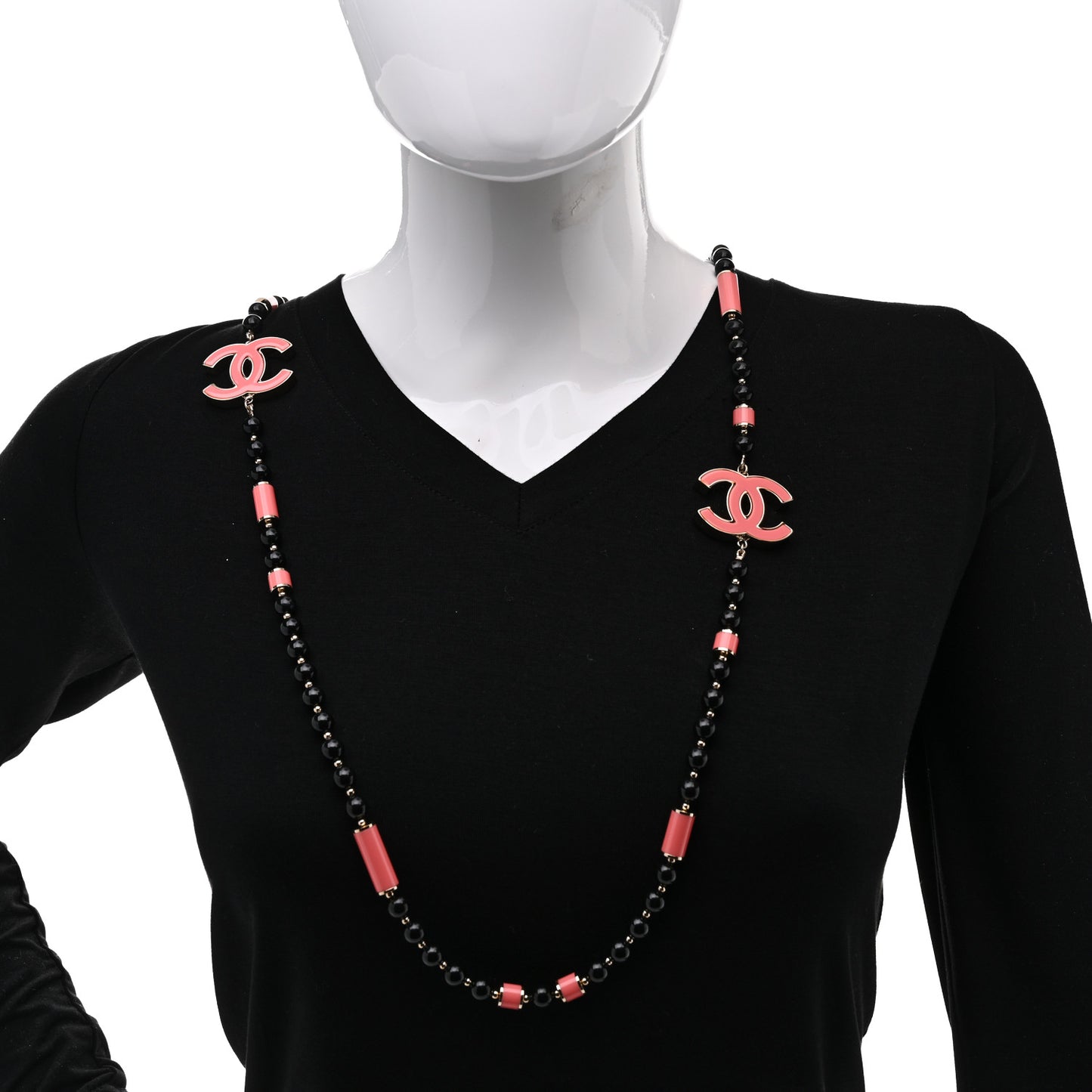 Enamel Bead CC Long Necklace Pink Black