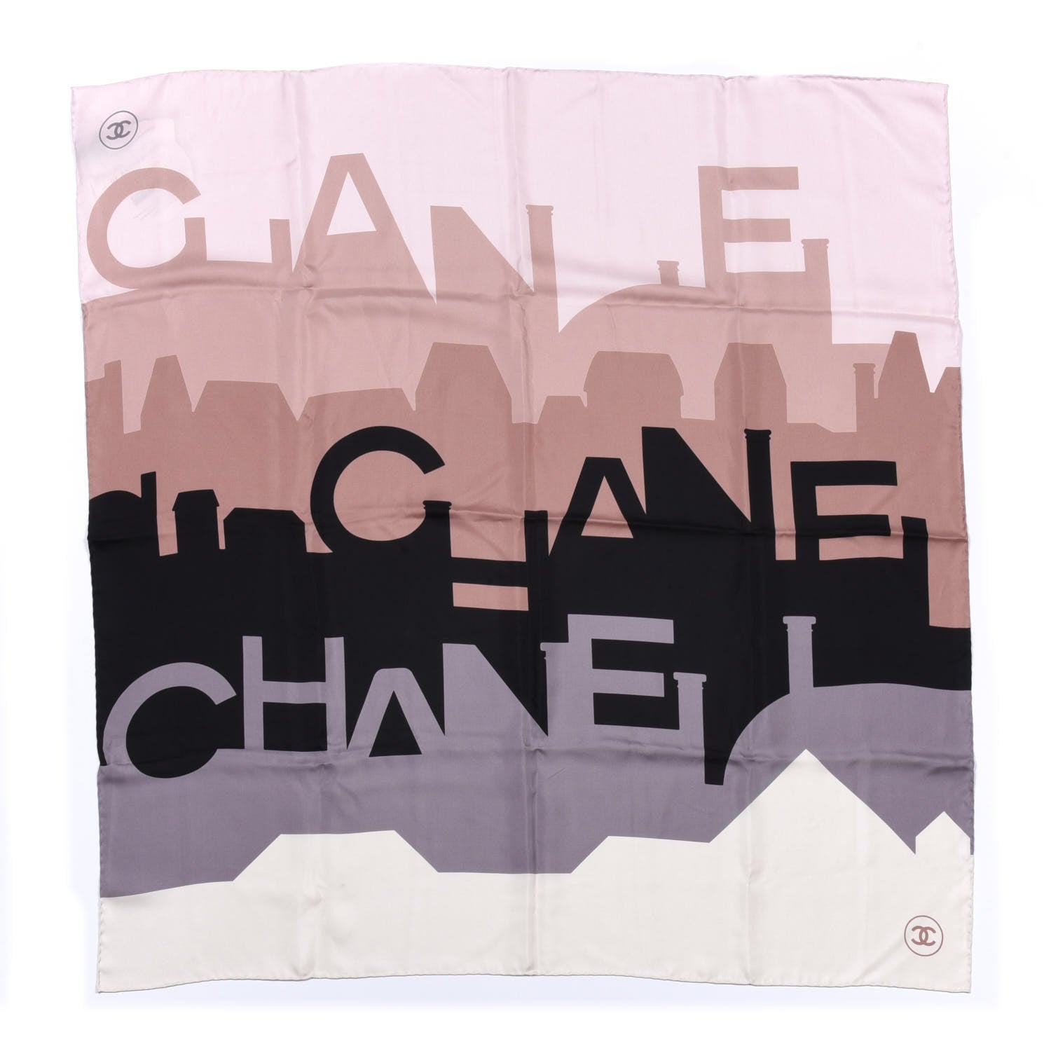 Chanel Silk Print Square Scarf Beige Black White 1 of 3