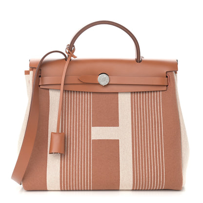 Hermes Vache Hunter Toile H Vibration Herbag Zip Retourne 31 PM Fauve Ecru Beige 3 of 10