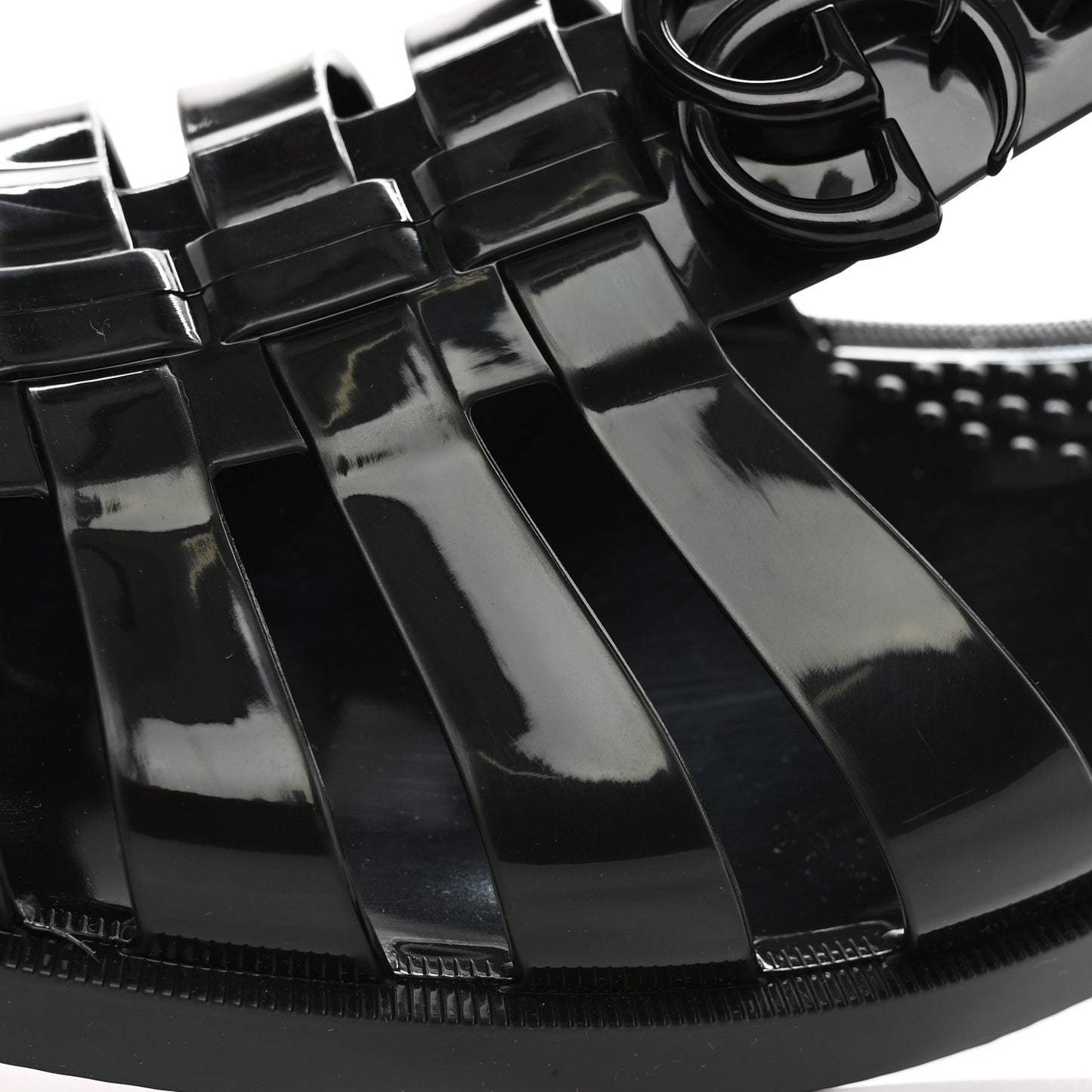 Shiny Rubber Double G Buckle Strap Sandals 10 Black