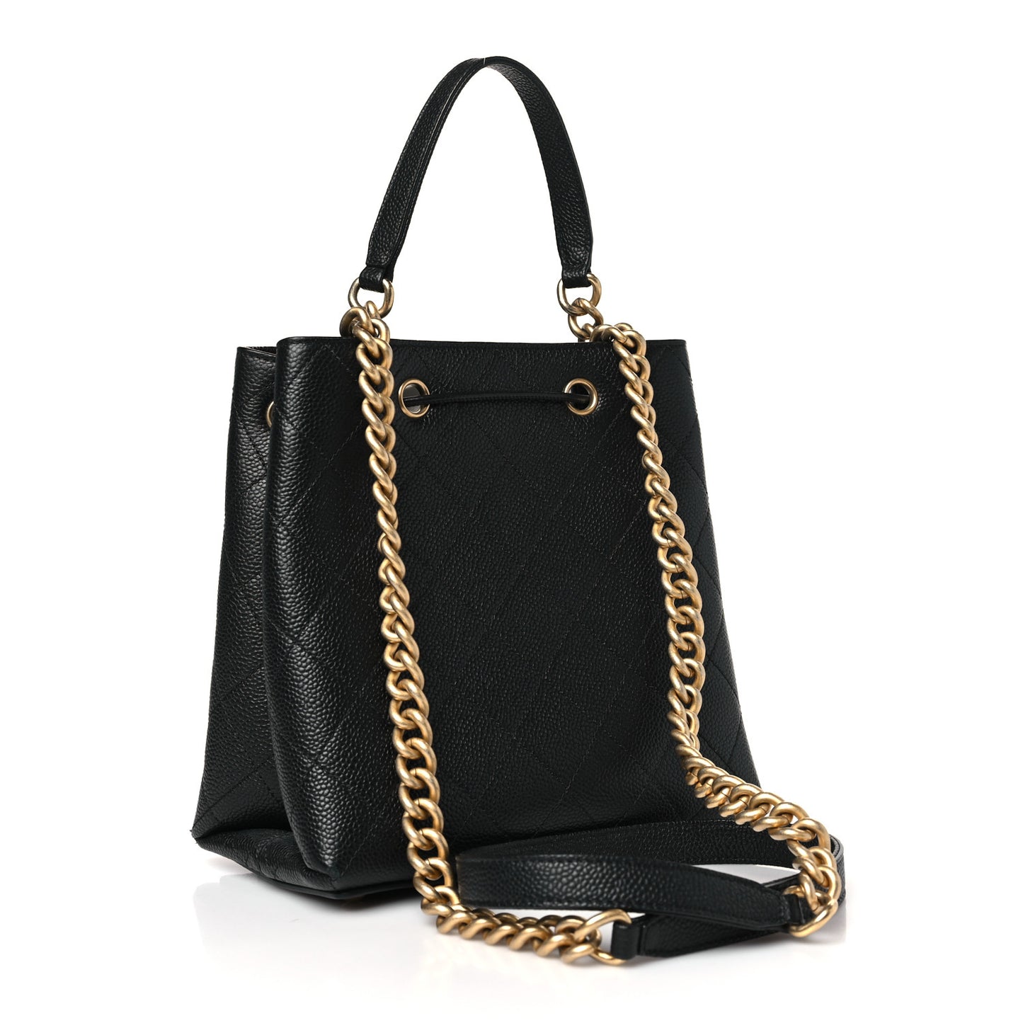 Grained Calfskin Stitched Small Drawstring Bag Black