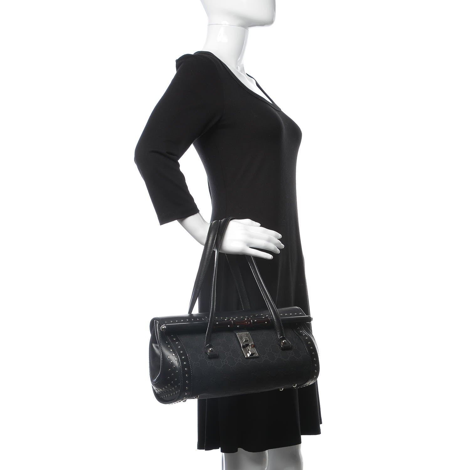 Gucci Monogram Studded Bamboo Bullet Satchel Black 2 of 9