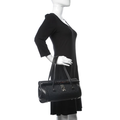 Gucci Monogram Studded Bamboo Bullet Satchel Black 2 of 9
