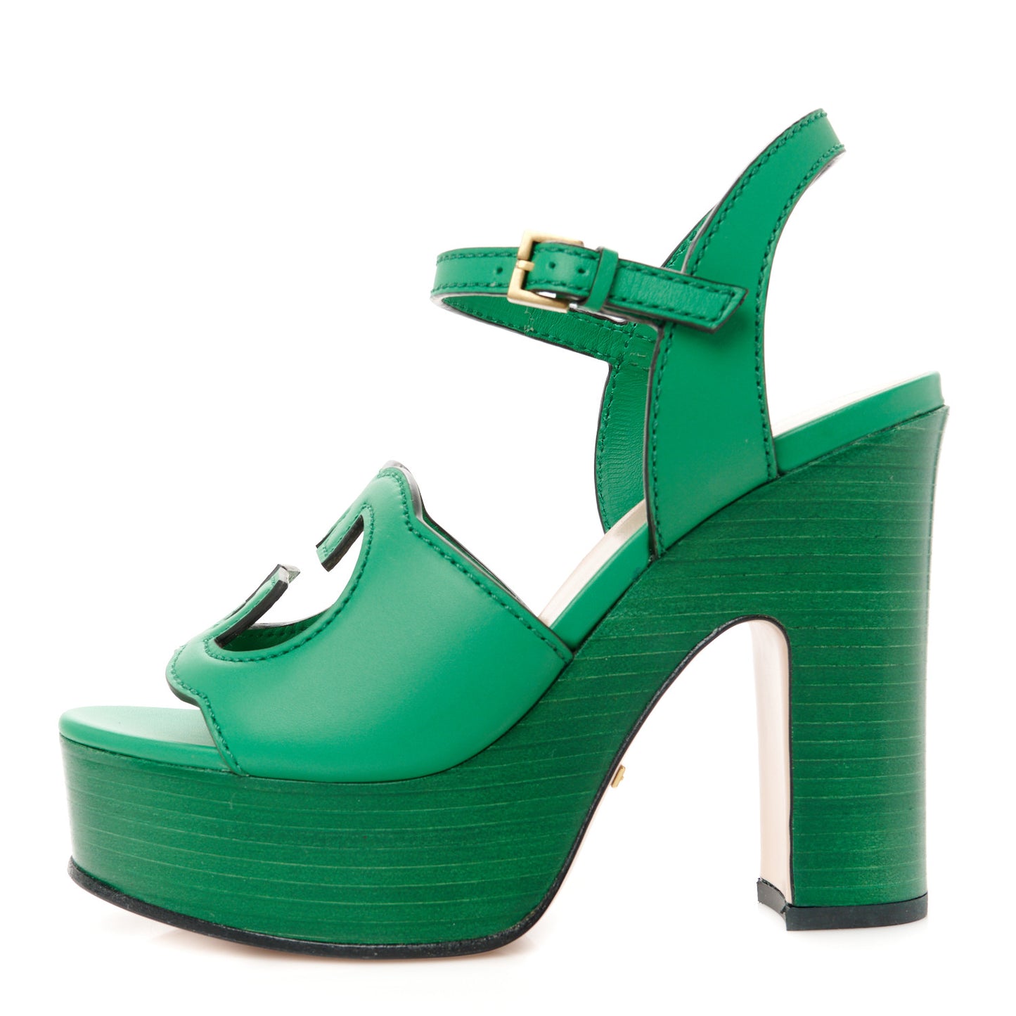 Cosmos Softy Calfskin Wooden Interlocking G Cut-Out 30/120mm Platform Sandals 35 New Shamrock