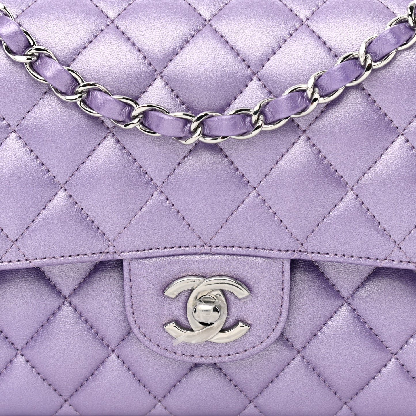 Iridescent Calfskin Quilted Medium Double Flap Purple