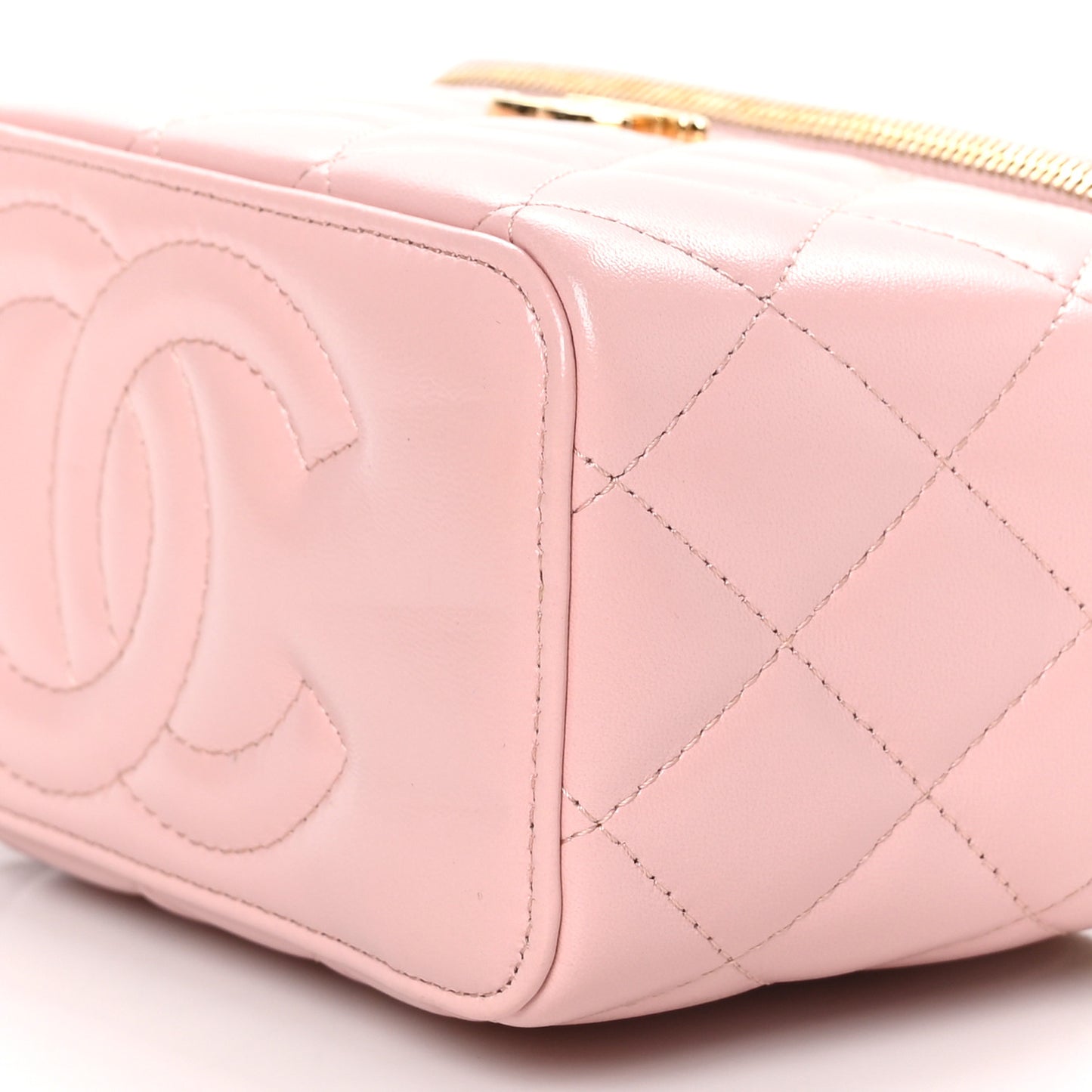 Lambskin Quilted Small Top Handle Vanity Case With Chain Light Pink
