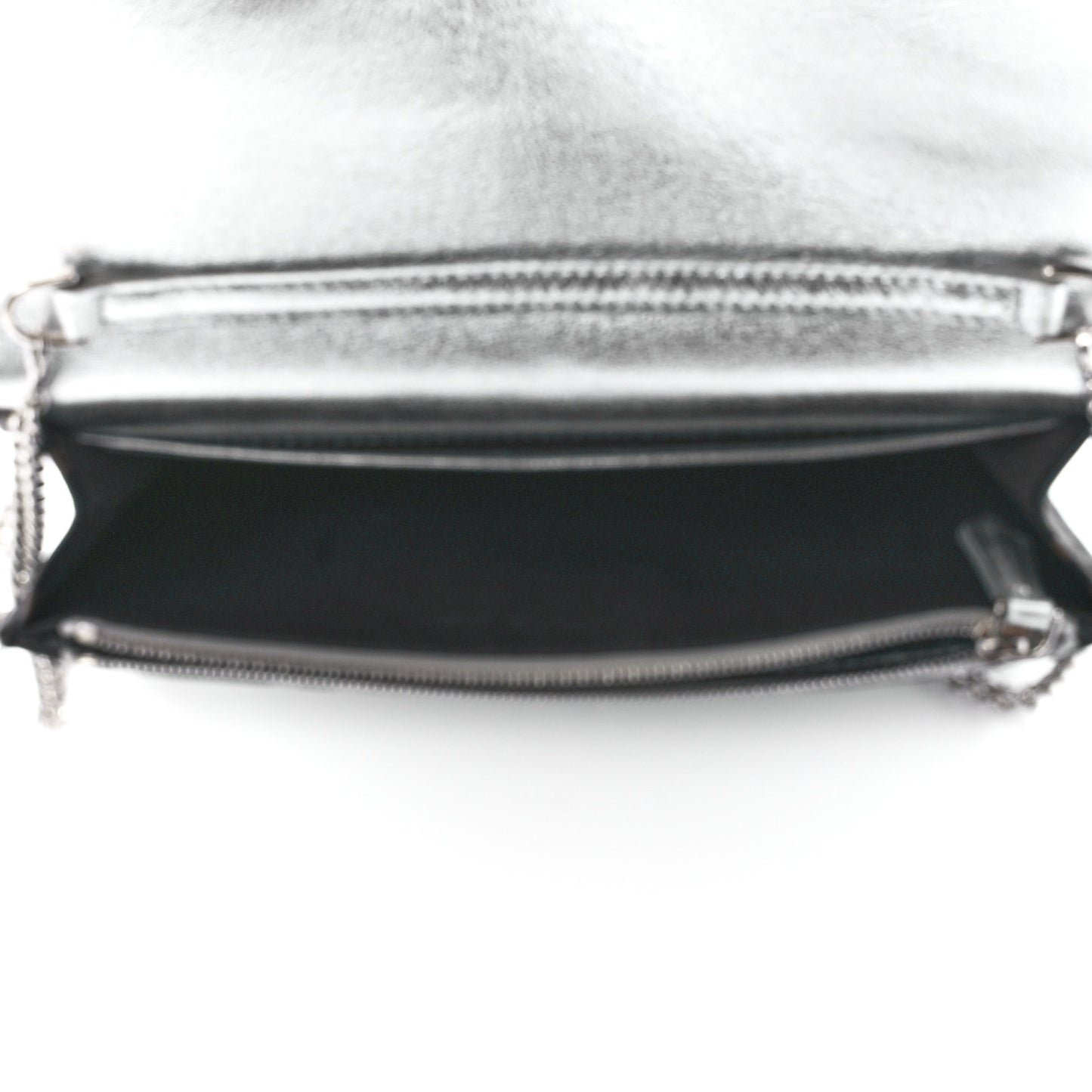 Vitello Soft Catalan Mirror F is Fendi Bi-Color FF 1974 Embossed Medium Envelope Wallet On Chain Maya Black Argento