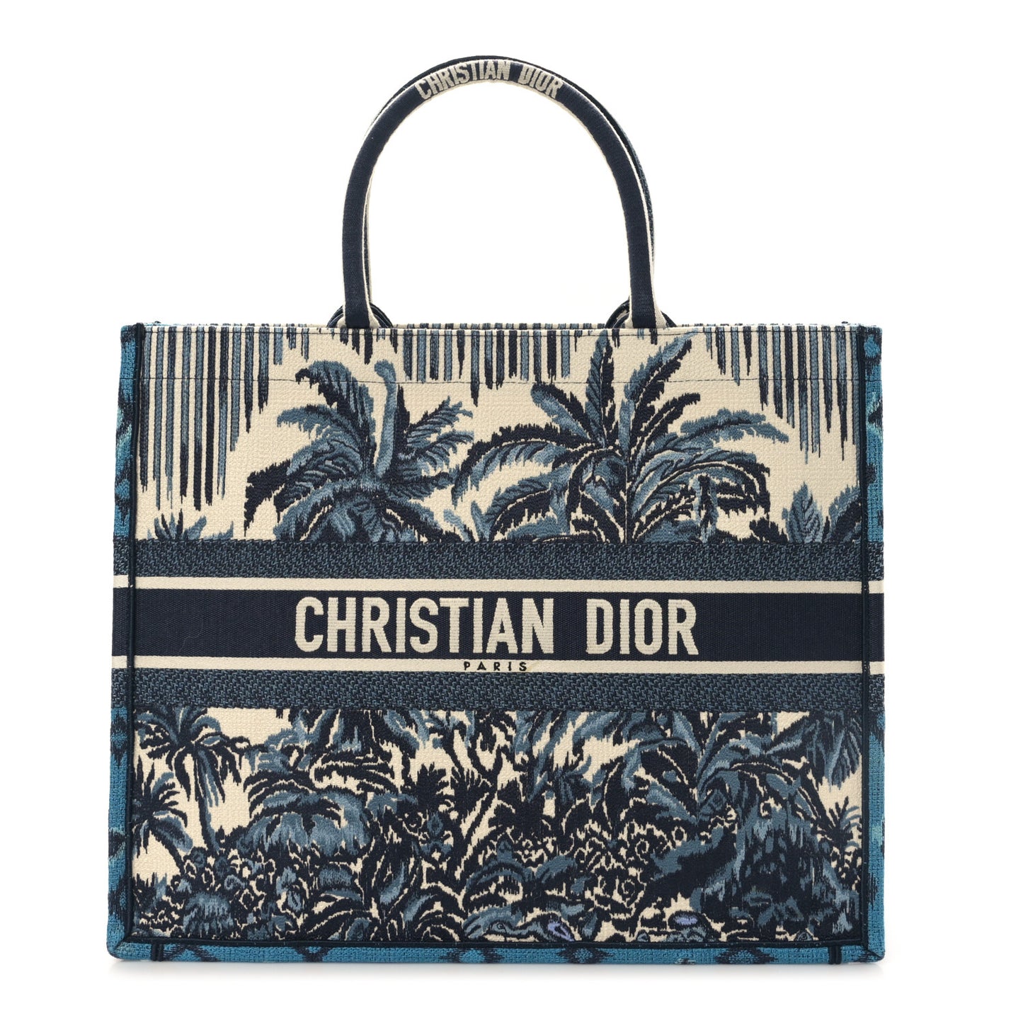 Canvas Embroidered Large Palm Tree Toile De Jouy Book Tote Blue Multicolor