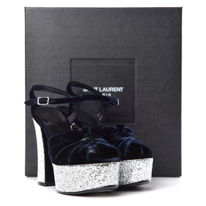 Saint Laurent Velvet Glitter Claire Candy Bow 80 Platform Sandal 37 Marine Argento 9 of 9
