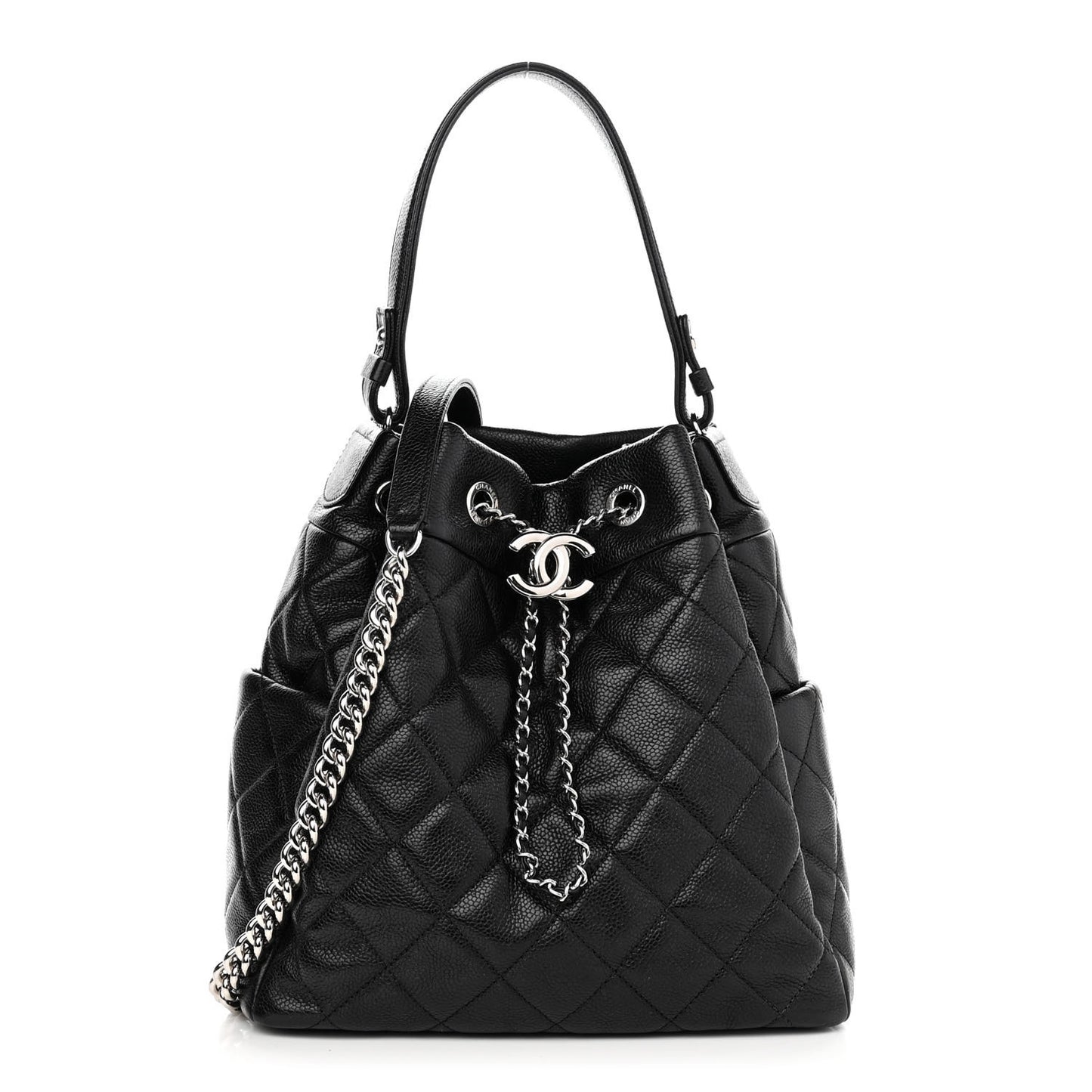 Caviar Flat Quilted CC Chain Bucket Drawstring Bag Black