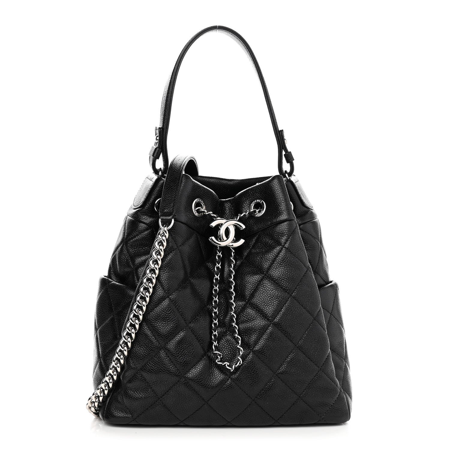 Chanel Caviar Flat Quilted CC Chain Bucket Drawstring Bag Black 1 of 11