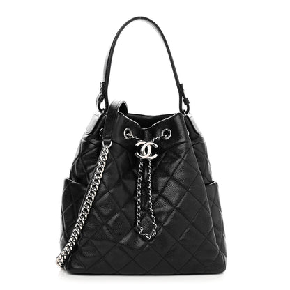 Chanel Caviar Flat Quilted CC Chain Bucket Drawstring Bag Black 1 of 11
