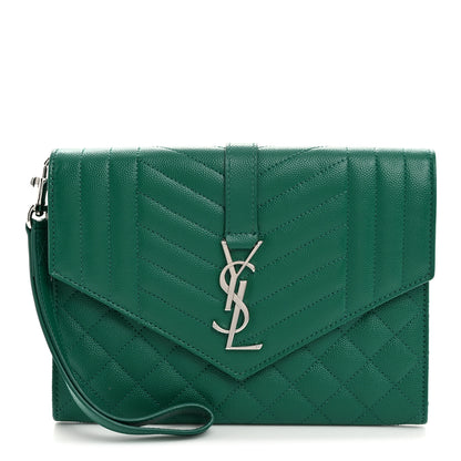 Saint Laurent Grain De Poudre Textured Mixed Matelasse Triquilt Monogram Clutch Green Field 1 of 8