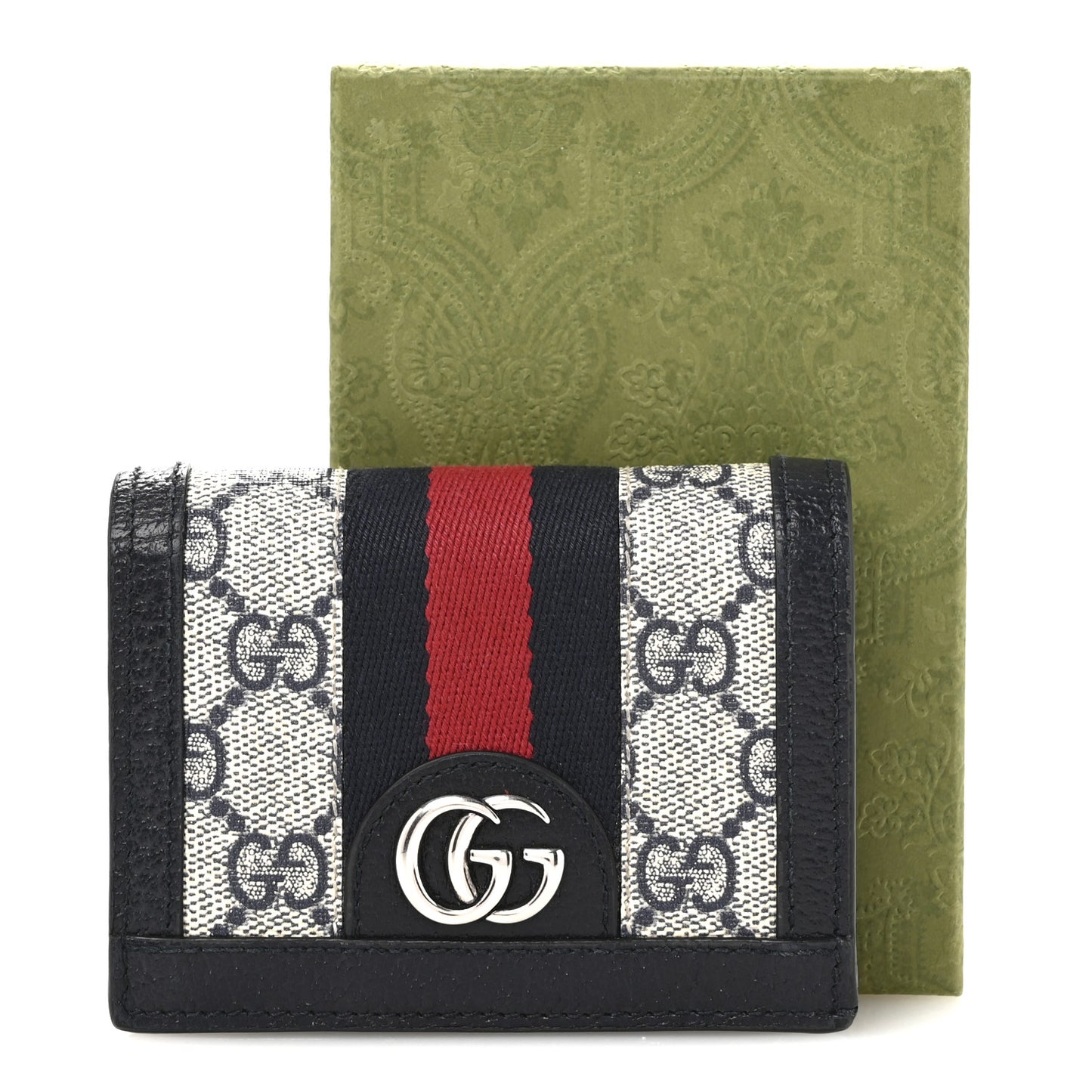 GG Supreme Monogram Textured Dollar Calfskin Web Ophidia Card Case Beige Blue