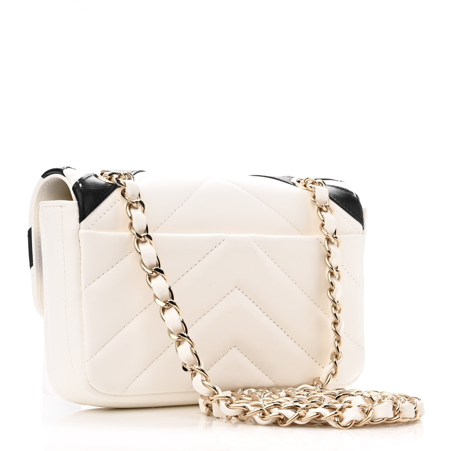 Chanel Lambskin Chevron Stitched Flap White Black 3 of 12