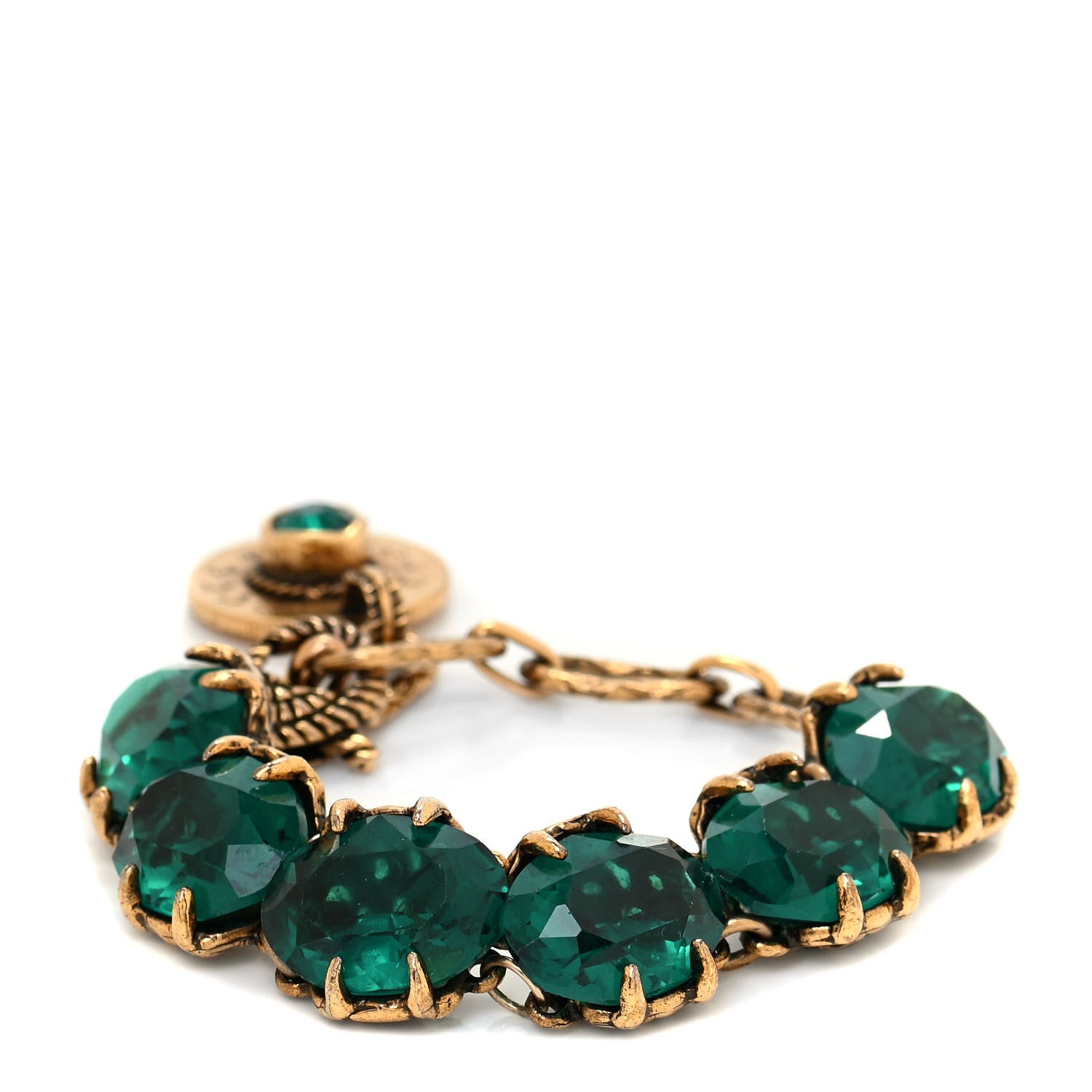 Gucci Crystal Metal Coin Bracelet Aged Gold Green 1 of 5